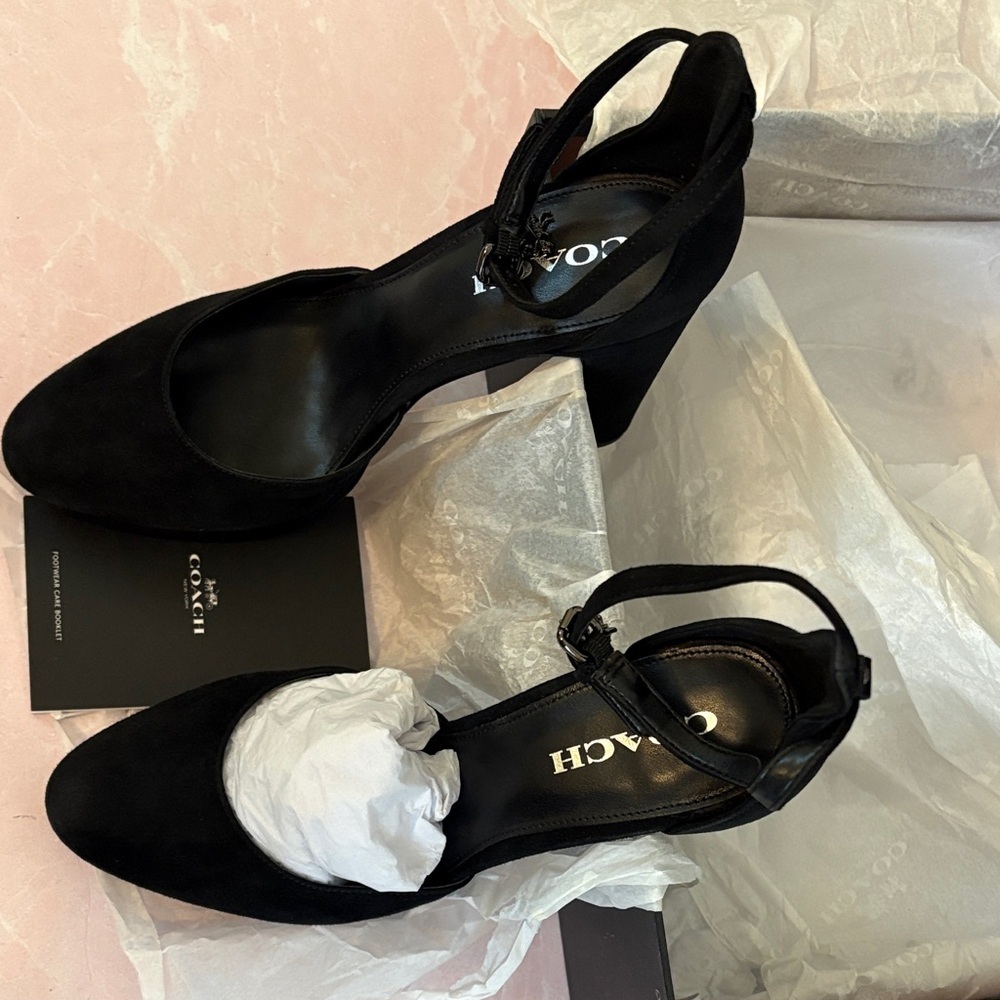 NIB Coach Chrystie Lux Suede Black Platform Ankle Strap Heels - Picture 6 of 16